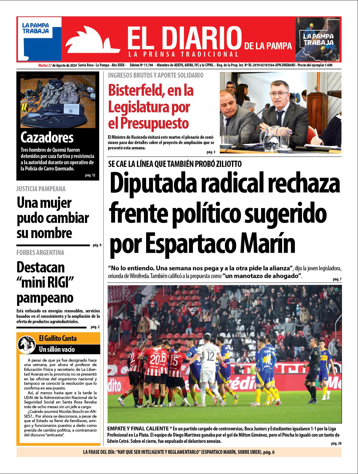 Tapa de El Diario en papel  martes 27 de agosto de 2024